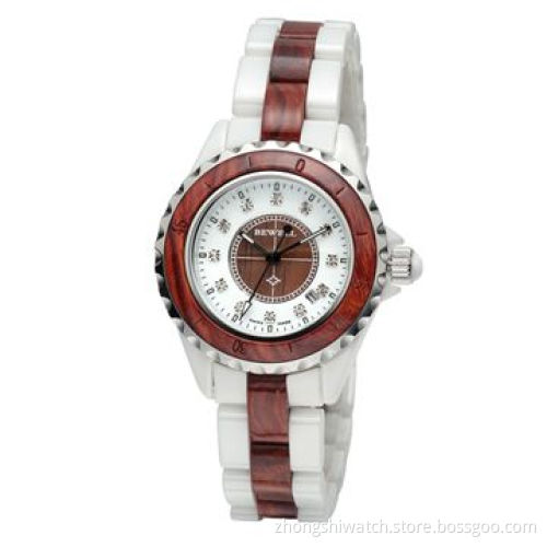 Fashion Watch w/ White Ceramic/Red Sandalwood Case/Band, Japan Movement Customized Designs Welcomed
